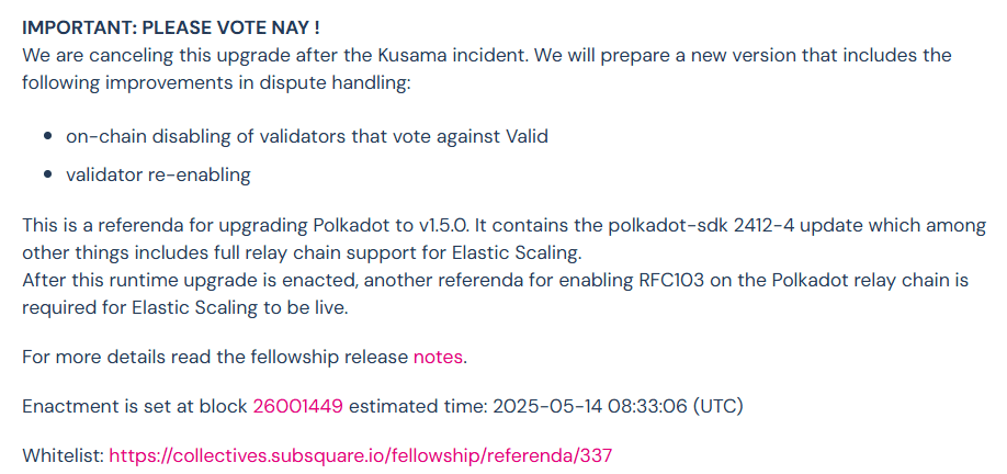 Polkadot v1.5.0 Upgrade Rejected After Kusama Incident. Source: Subsquare