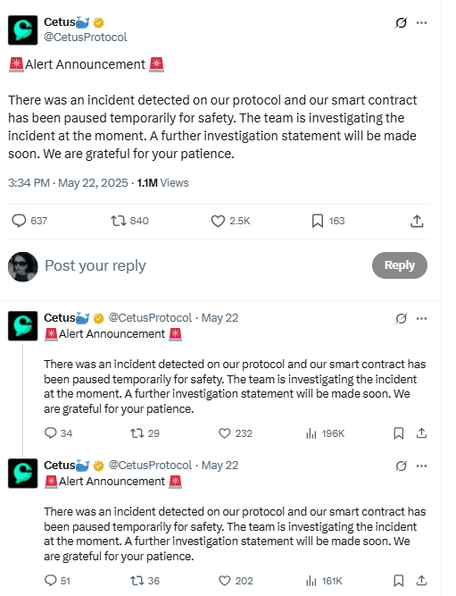 The Cetus protocol stops a smart contract according to Exploit.