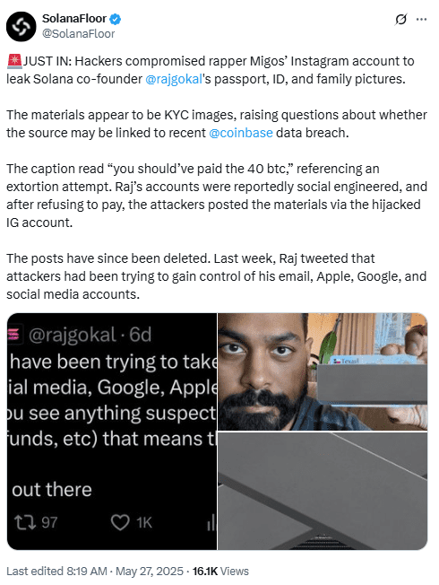 Solana Co-Founder Doxxed via Migos’ Instagram. Source: SolanaFloor