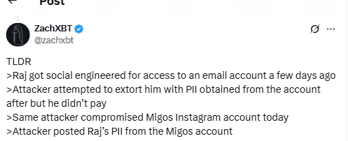 ZachxBT confirms that Solana co-founders are attacked on social engineering attching. Source: @zachxbt