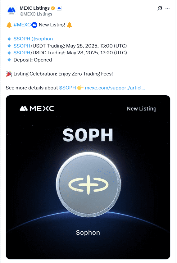 SOPH Token New Listing Announcement on MEXCSource:
@MEXC_Listings on X