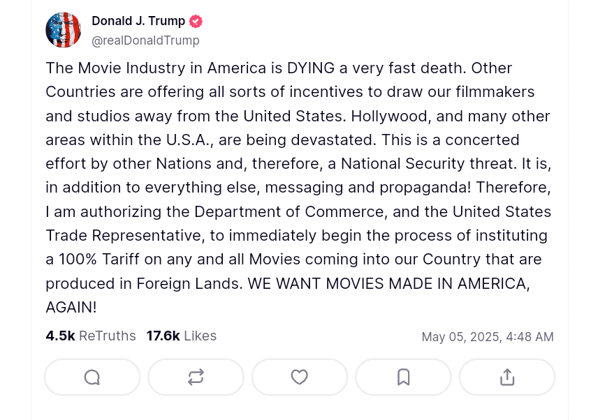 Trump Announces 100% Tariffs on Foreign-Made Films