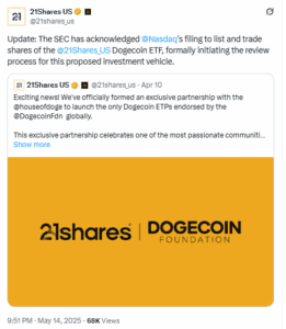 The SEC has acknowledged 21Shares Dogecoin ETF,