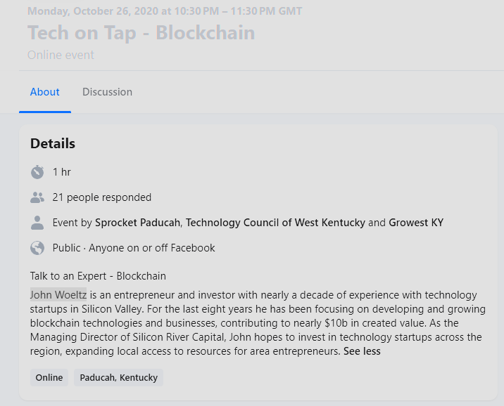John Woeltz Listed as Blockchain Speaker in Paducah Event. Source: Facebook