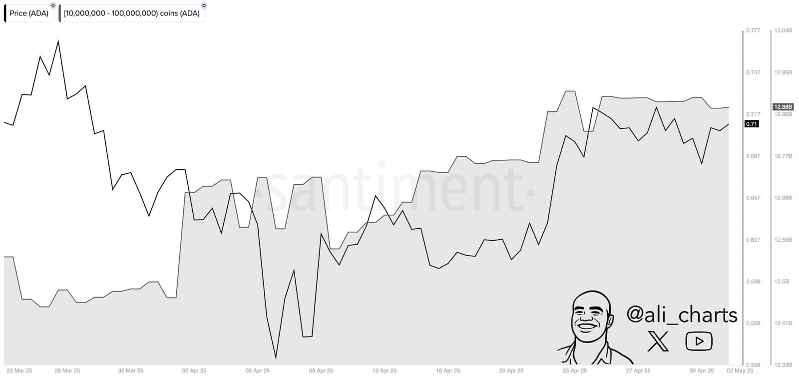 ADA Whale Accumulation (10M–100M coins) vs. PriceSource: Santiment