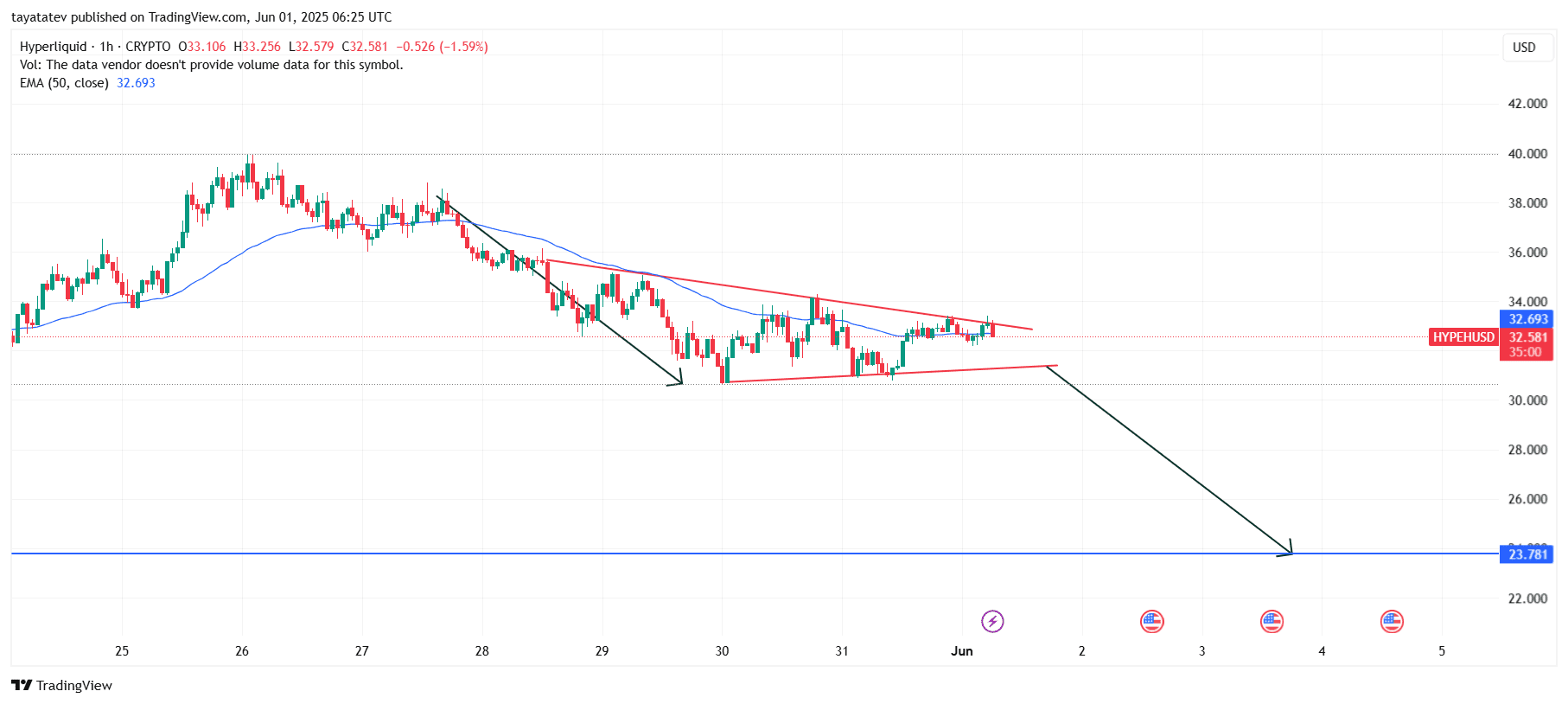 HYPEHUSD Bearish Pennant Breakdown ProjectionSource: TradingView.com