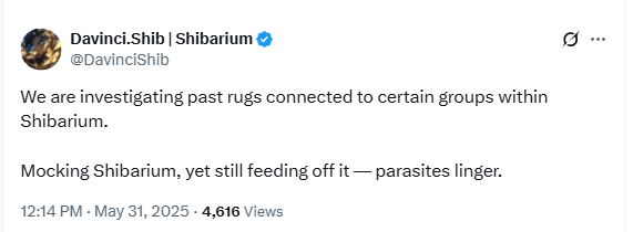 Shibarium Rug Pull Investigation Announcement. Source: X/@DavinciShib