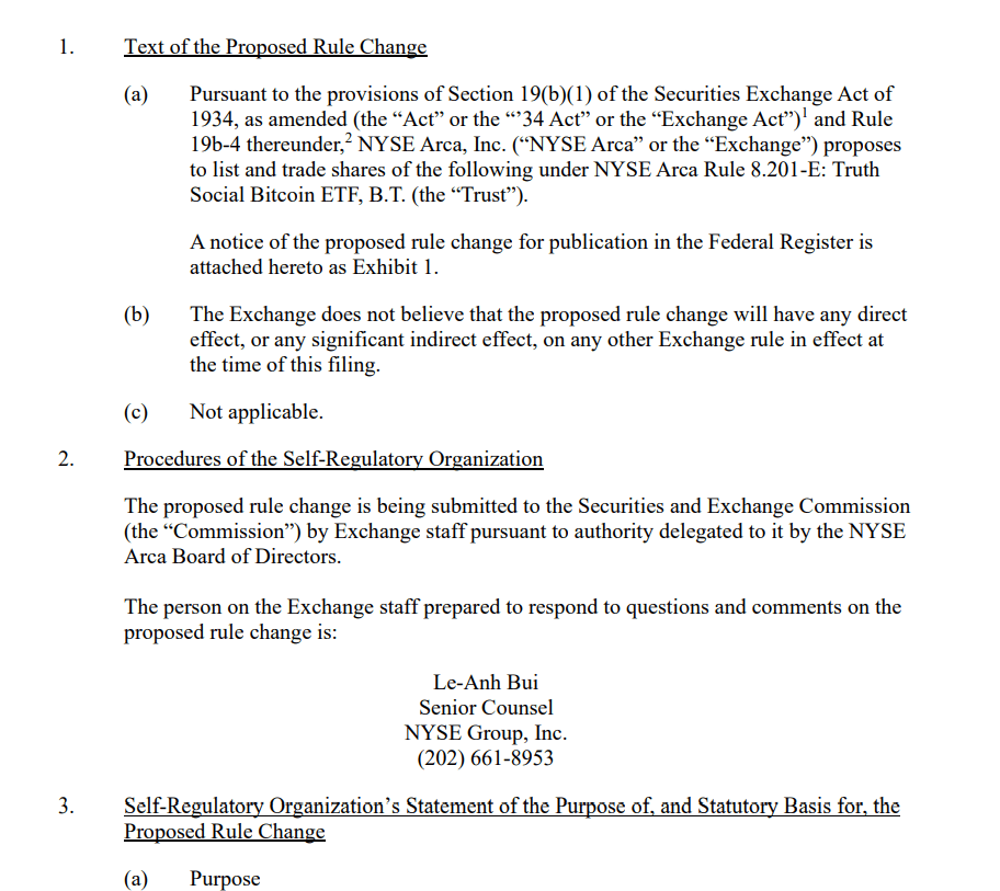 TRUMP Coin Value Eyes Leap as Reality Social Applies for Bitcoin ETF 5 Truth Social Bitcoin ETF Filing Document. Source: NYSE Arca SEC Form 19b-4
