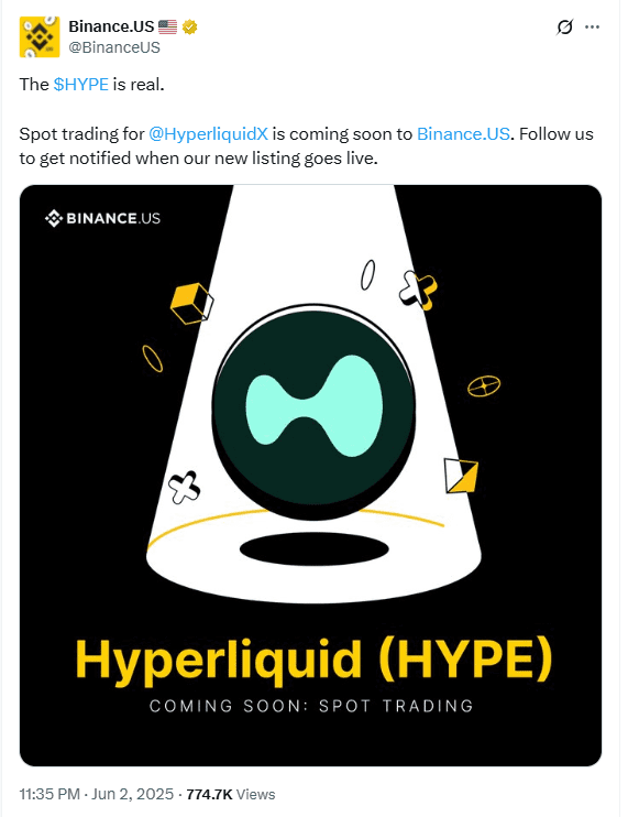 Hyperliquid Binance US Listing Teaser. Source: BinanceUS on XKeywords: Hyperliquid