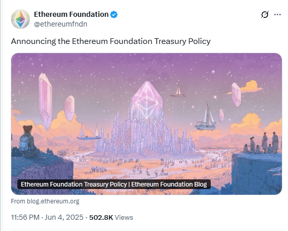 Ethereum Treasury Policy Launch ArtworkSource: Ethereum Foundation, X (@ethereumfdn)
