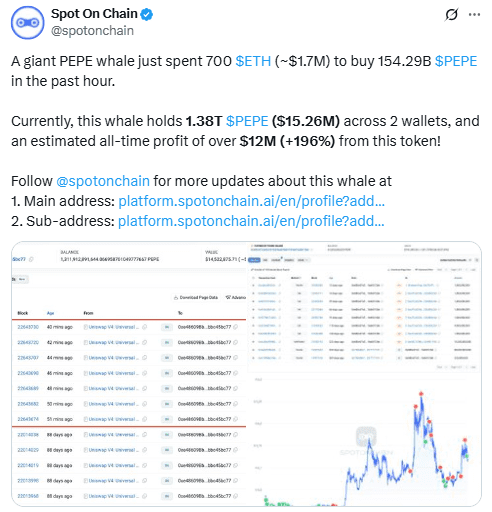 PEPE Whale Accumulation – Spot On ChainSource: Spot On Chain (