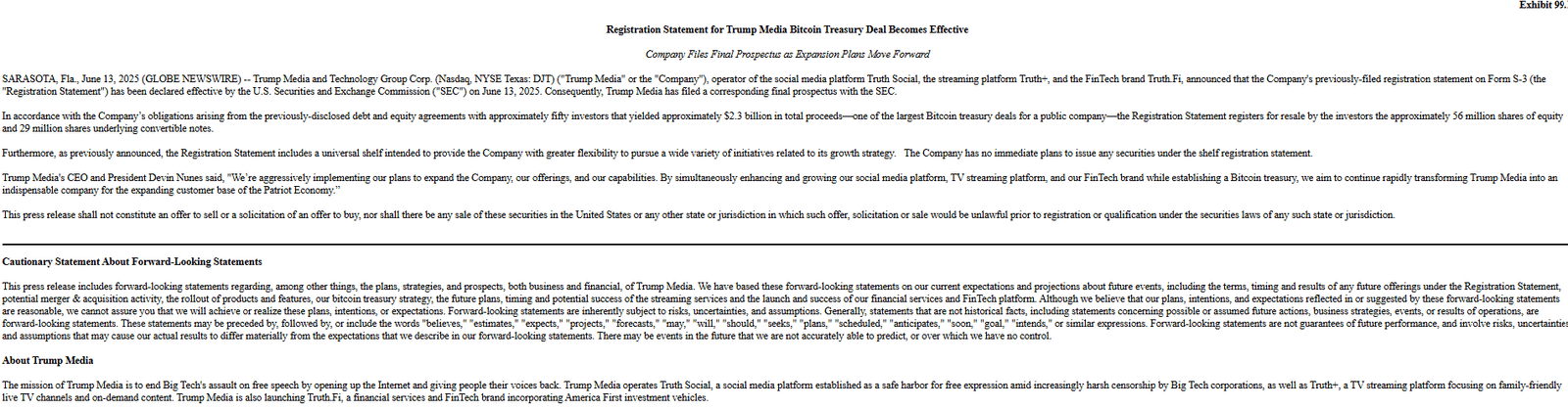 Trump Media Bitcoin Treasury Filing Approved. Source: Globe Newswire