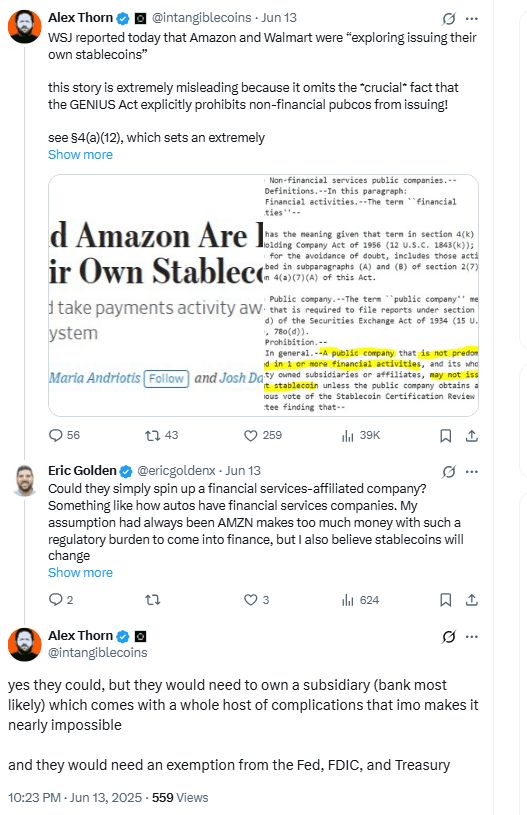 Amazon Walmart Stablecoin Regulatory Barrier.Source: Alex Thorn on X