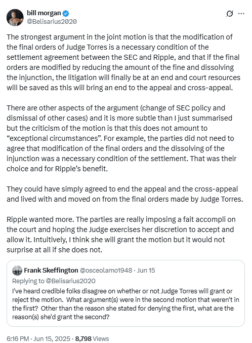 Ripple Wants More, Says Bill Morgan.Source: @Belisarius2020 on X