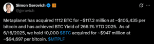 Simon Gerovich announces MetaPlanet BTC purchase source: X