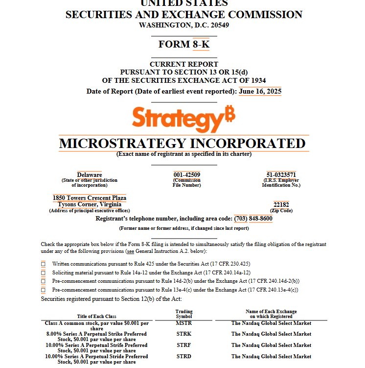 MicroStrategy STRD Nasdaq Filing Document. Source: U.S. SEC Form 8-K
