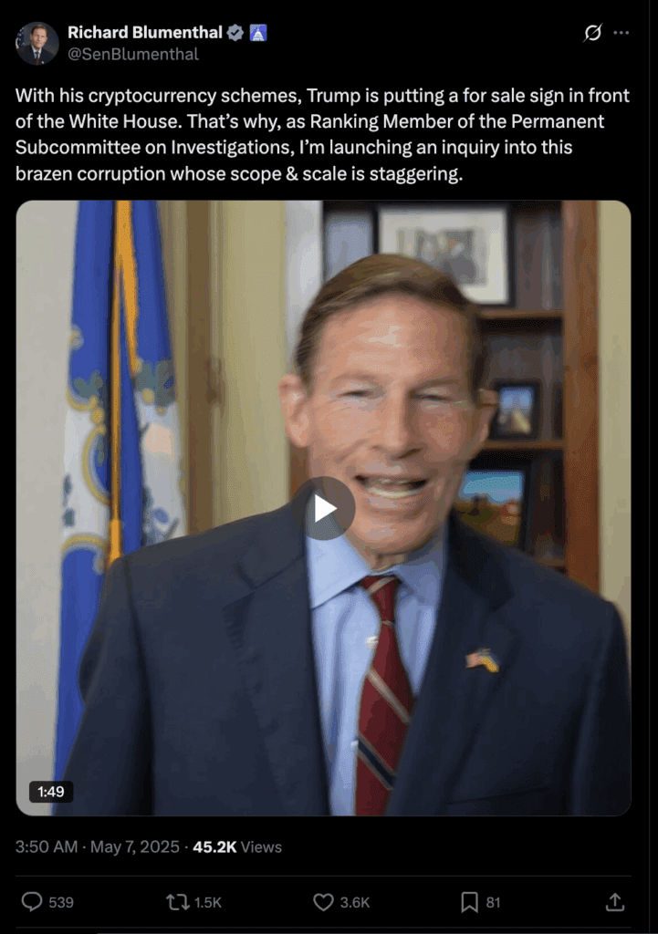 Richard Blumenthal's comments on Donald Trump's crypto corruption