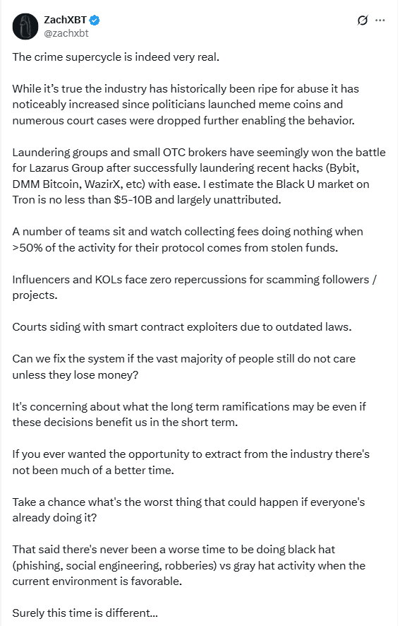 ZachXBT on Crypto Crime Supercycle. Source: X/@zachxbt