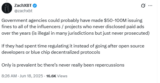 ZachXBT on Unregulated Influencer Ads. Source: X/@zachxbt