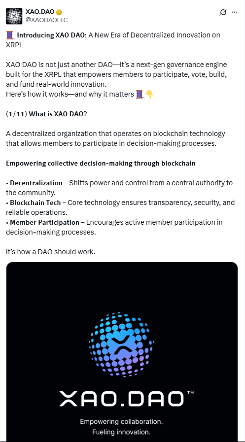 XAO DAO Governance Launch on XRPL. Source: XAO.DAO
