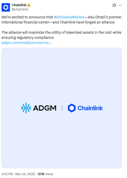 Cardano Chainlink Integration Confirmed as LINK Eyes 65% Rally 1 ADGM–Chainlink Alliance Announcement. Source: Chainlink on X