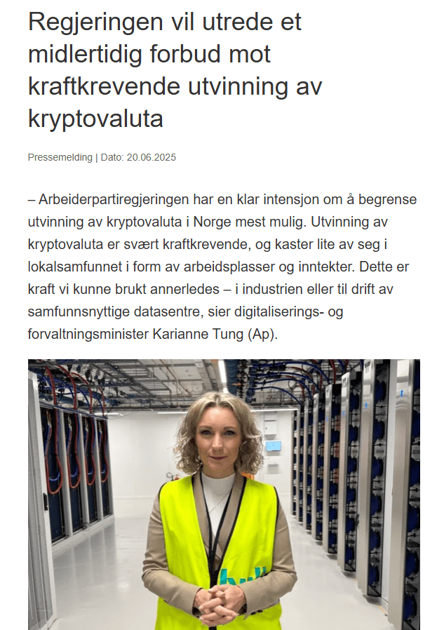 Norway Crypto Mining Ban DiscussionSource: regjeringen.no