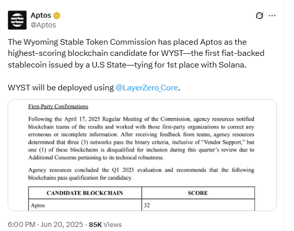 Aptos Named Top Blockchain for Wyoming Stablecoin Source: Aptos on X