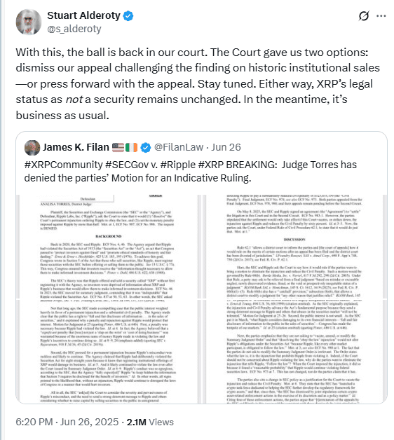 Ripple Court Options – XRP Legal Status UpdateSource: Stuart Alderoty on X (@s_alderoty)
